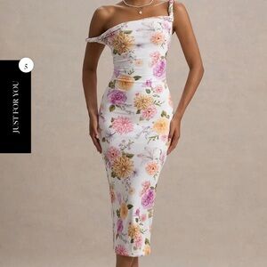 CLUB LONDON NORA PEACH AND LILAC FLORAL TWISTED ASYMMETRIC MIDI DRESS